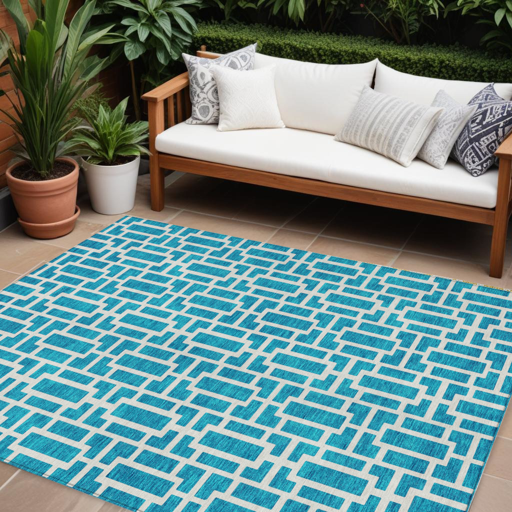 9' X 12' Turquoise And Ivory Geometric Washable Indoor Outdoor Area Rug-594879-1