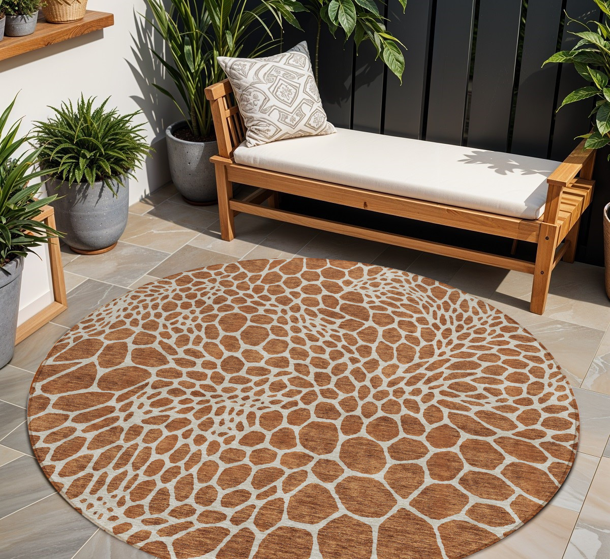 8' Brown And Beige Round Geometric Washable Indoor Outdoor Area Rug-595111-1