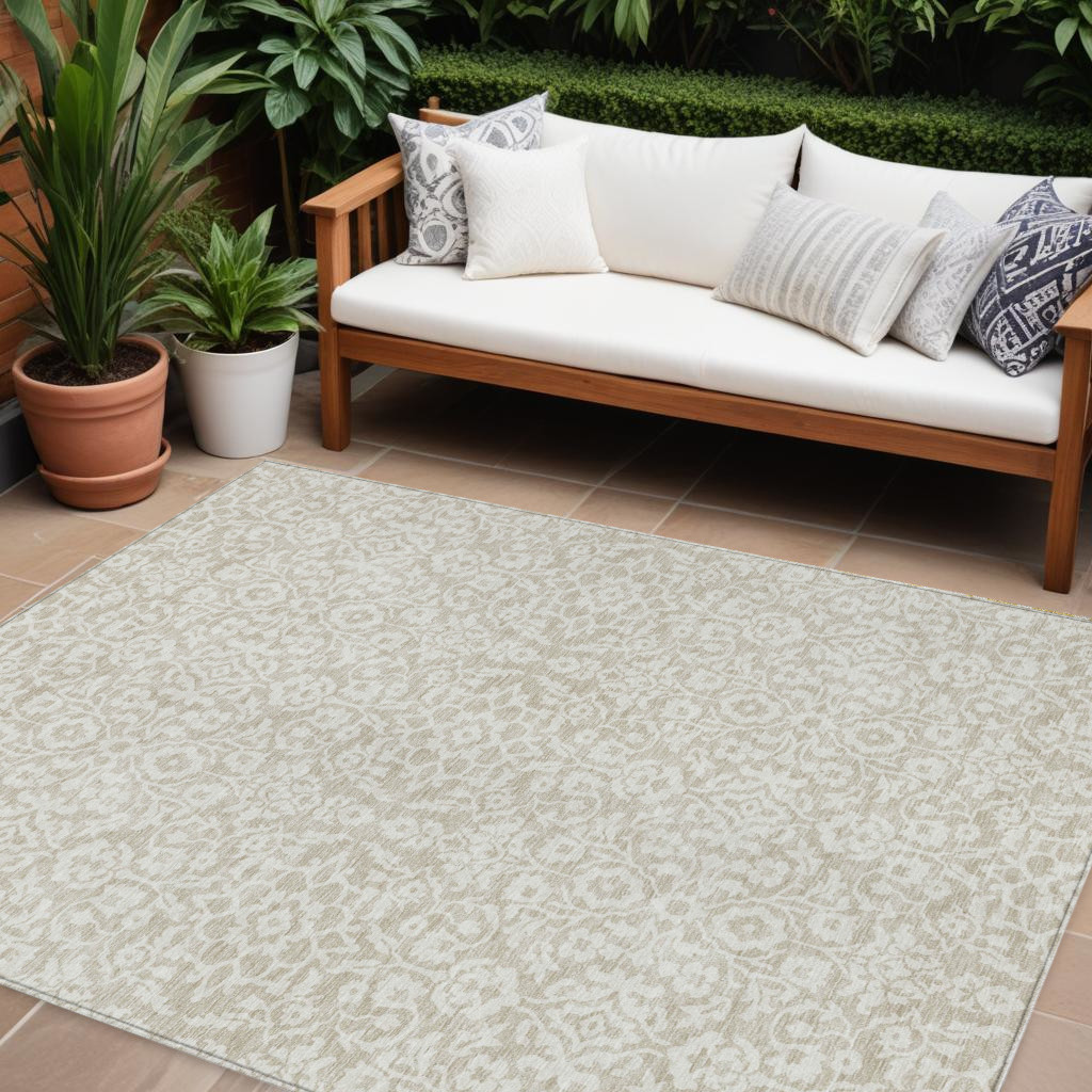 9' X 12' Beige And Ivory Damask Washable Indoor Outdoor Area Rug-595125-1