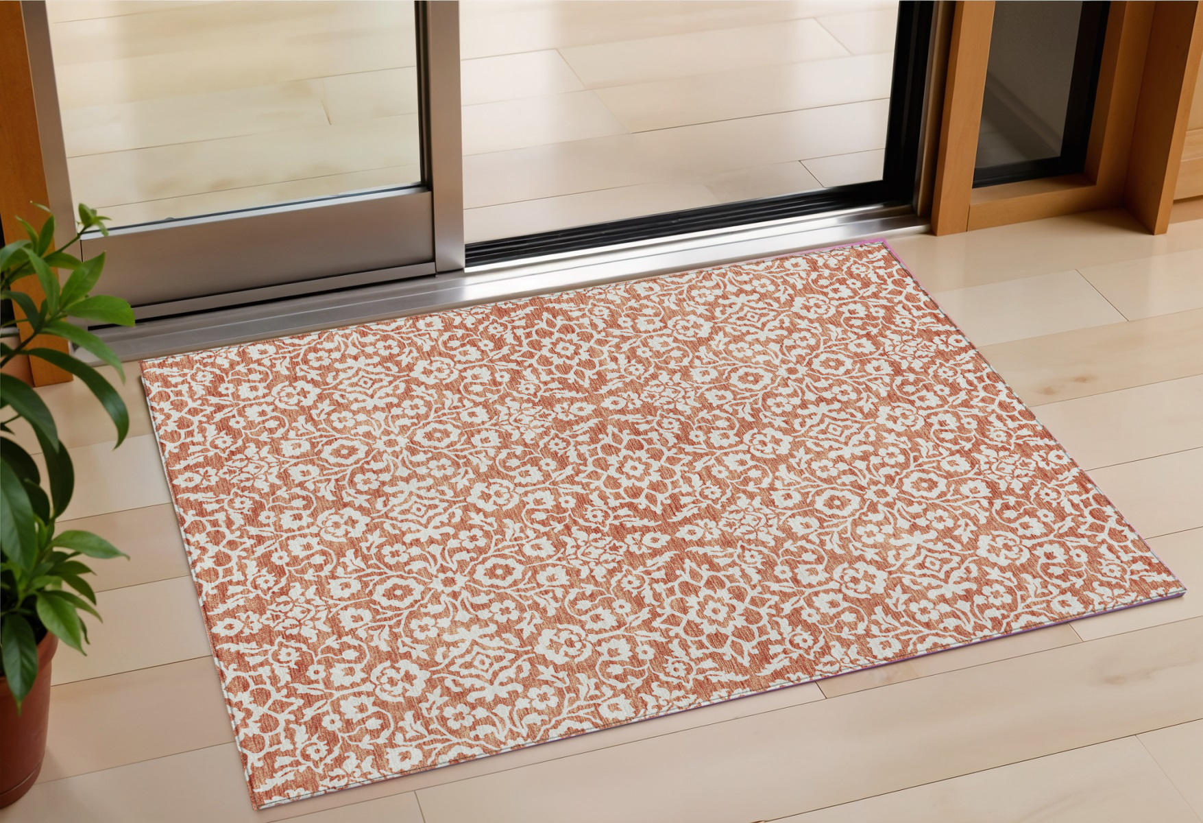 3' X 5' Coral And Ivory Damask Washable Indoor Outdoor Area Rug-595127-1