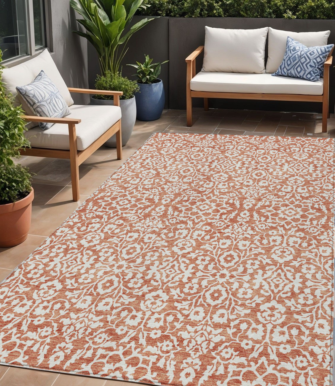 5' X 8' Coral And Ivory Damask Washable Indoor Outdoor Area Rug-595128-1