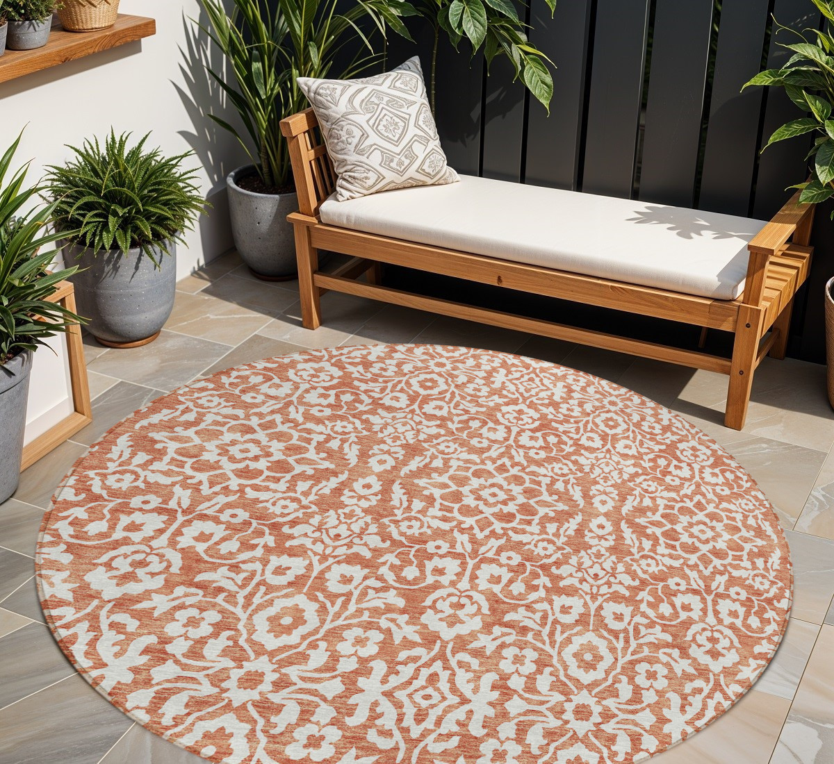 8' Coral And Ivory Round Damask Washable Indoor Outdoor Area Rug-595129-1