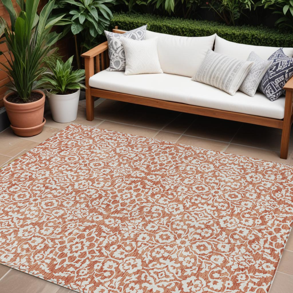 9' X 12' Coral And Ivory Damask Washable Indoor Outdoor Area Rug-595131-1