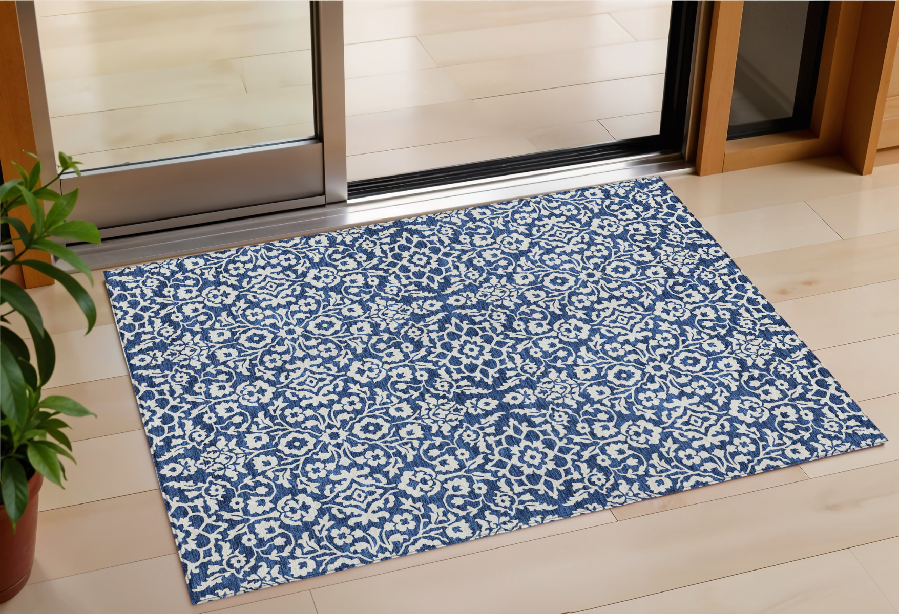 3' X 5' Navy Blue And Ivory Damask Washable Indoor Outdoor Area Rug-595169-1