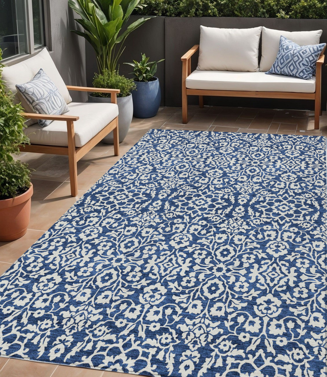 5' X 8' Navy Blue And Ivory Damask Washable Indoor Outdoor Area Rug-595170-1