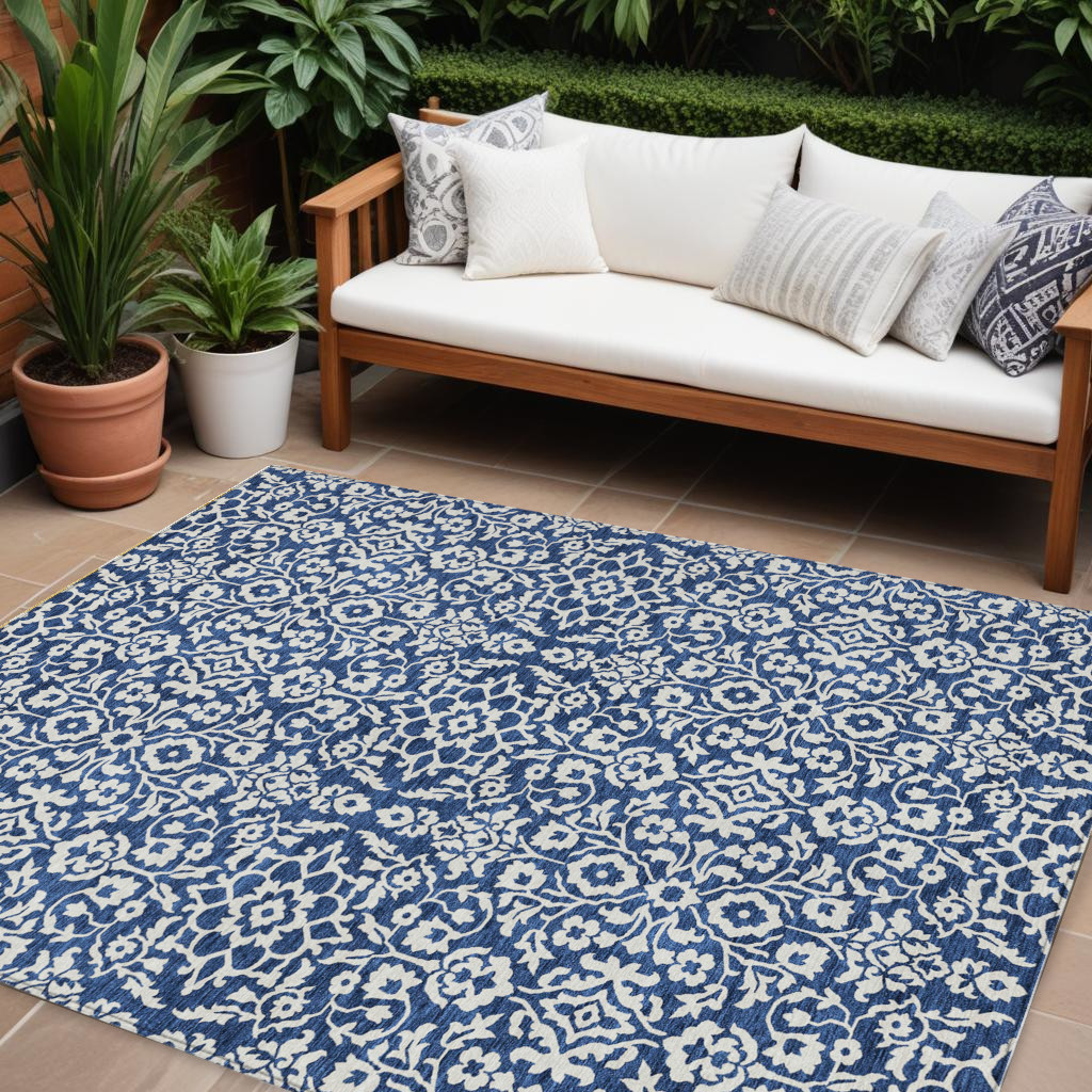 10' X 14' Navy Blue And Ivory Damask Washable Indoor Outdoor Area Rug-595174-1