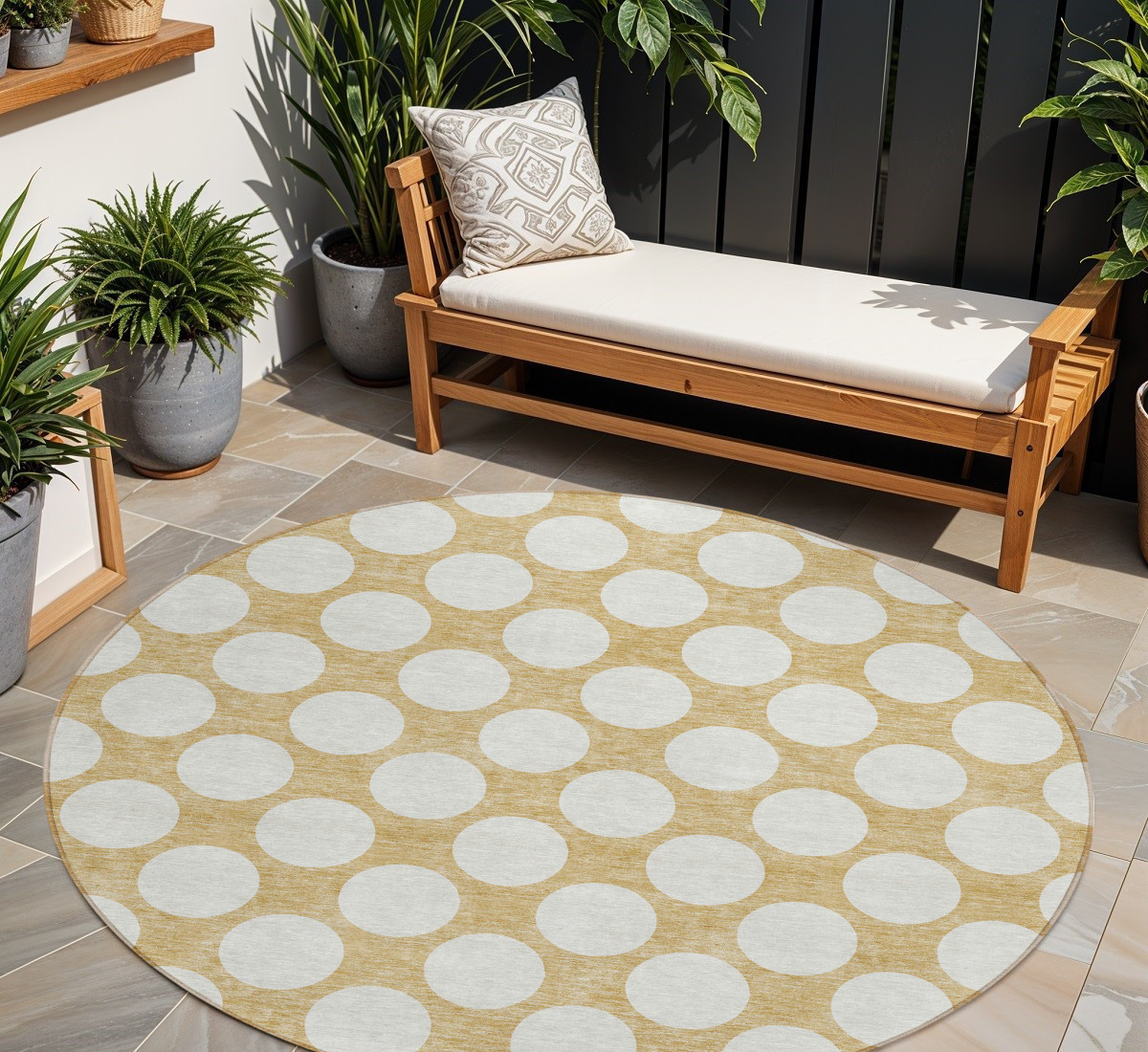 8' Gold And Beige Round Polka Dot Washable Indoor Outdoor Area Rug-595225-1