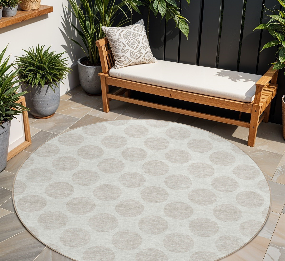 8' Ivory And Gray Round Polka Dot Washable Indoor Outdoor Area Rug-595237-1