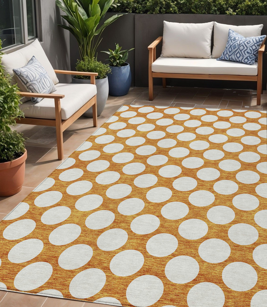 5' X 8' Orange And Ivory Polka Dot Washable Indoor Outdoor Area Rug-595260-1