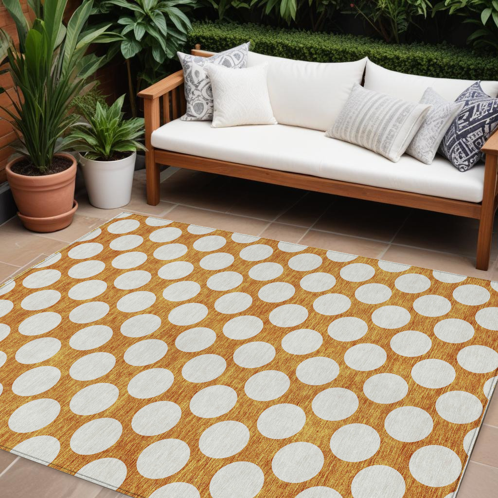 10' X 14' Orange And Ivory Polka Dot Washable Indoor Outdoor Area Rug-595264-1