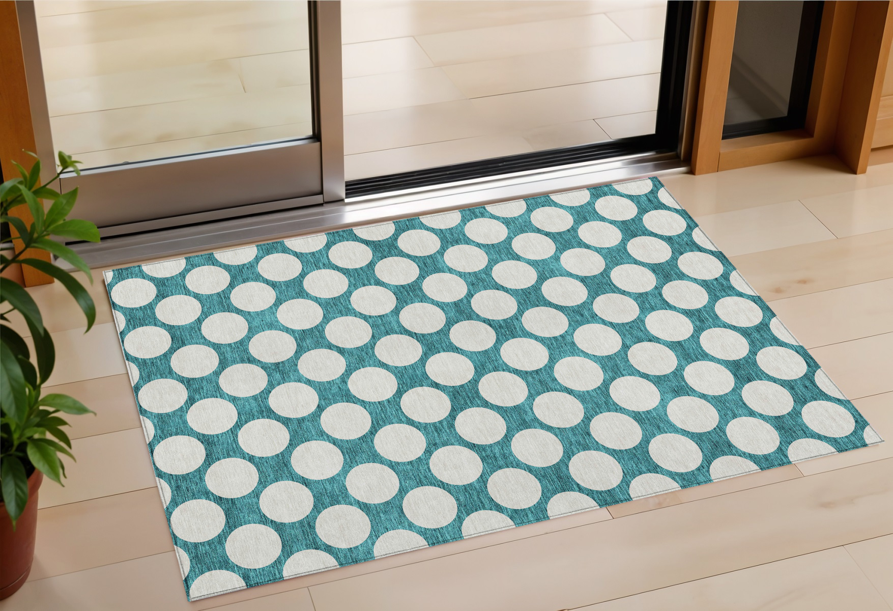3' X 5' Teal Blue And Ivory Polka Dot Washable Indoor Outdoor Area Rug-595271-1