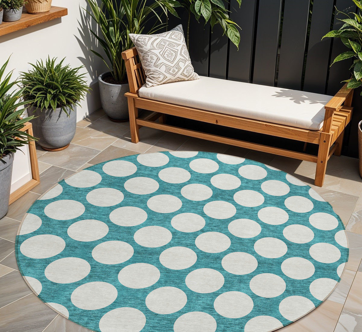 8' Teal Blue And Ivory Round Polka Dot Washable Indoor Outdoor Area Rug-595273-1