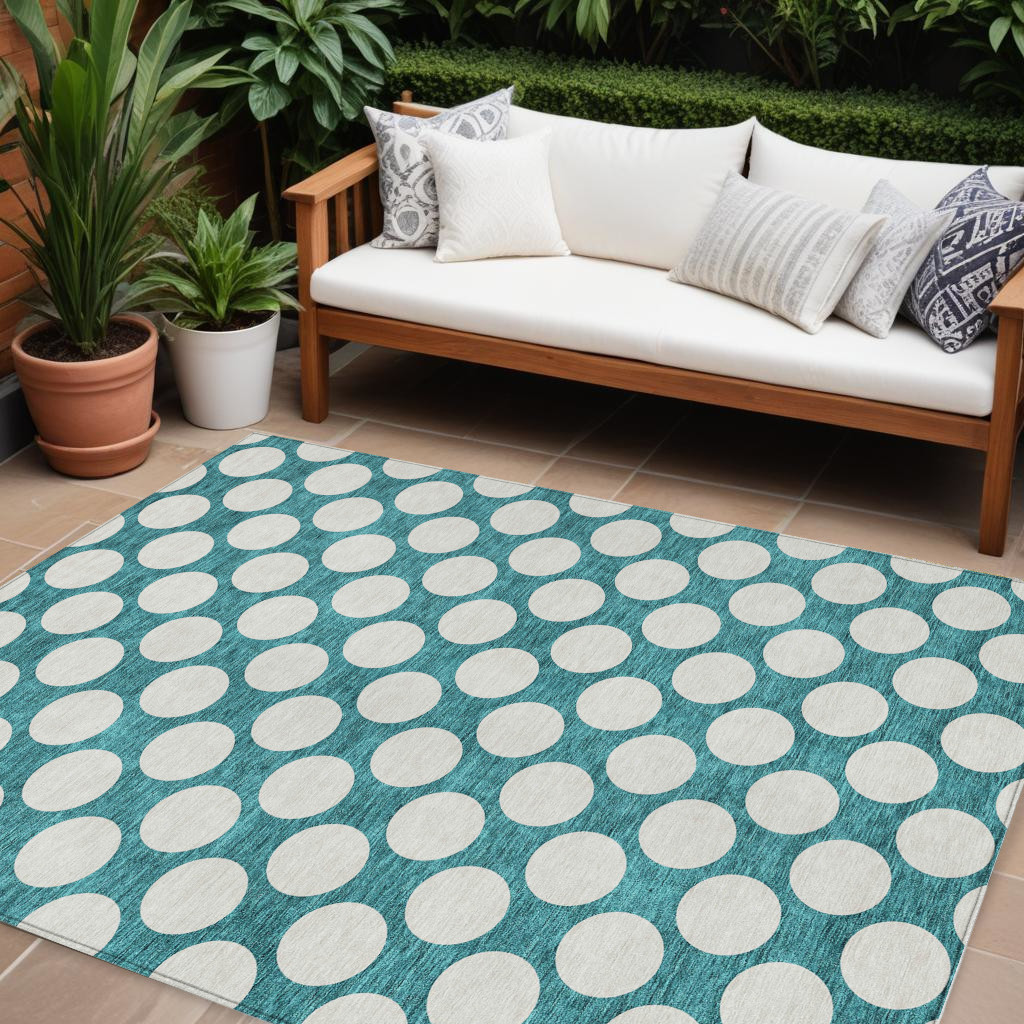 9' X 12' Teal Blue And Ivory Polka Dot Washable Indoor Outdoor Area Rug-595275-1