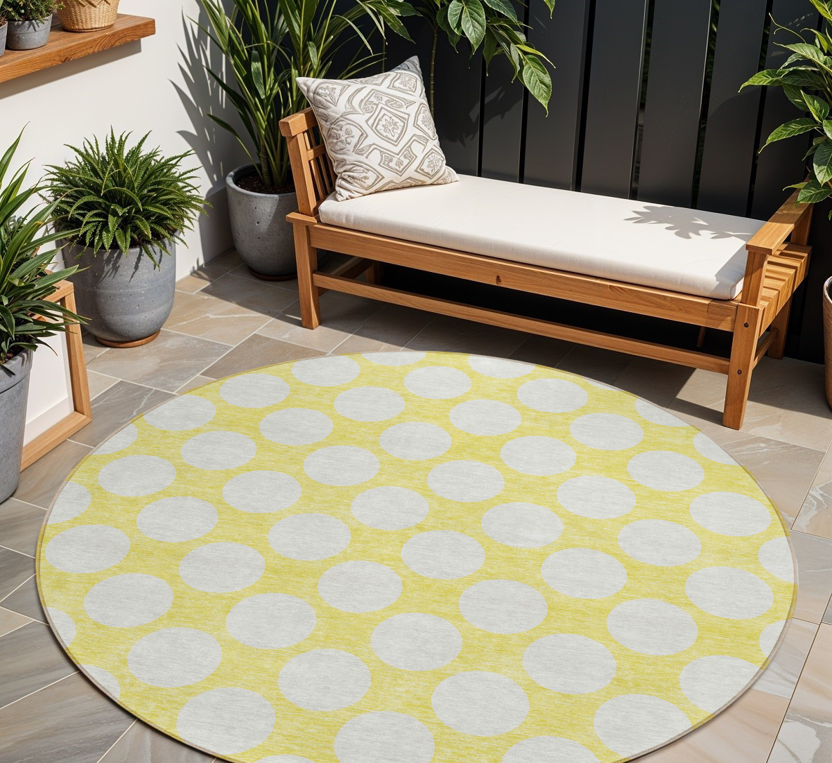 8' Yellow And Gray Round Polka Dot Washable Indoor Outdoor Area Rug-595285-1
