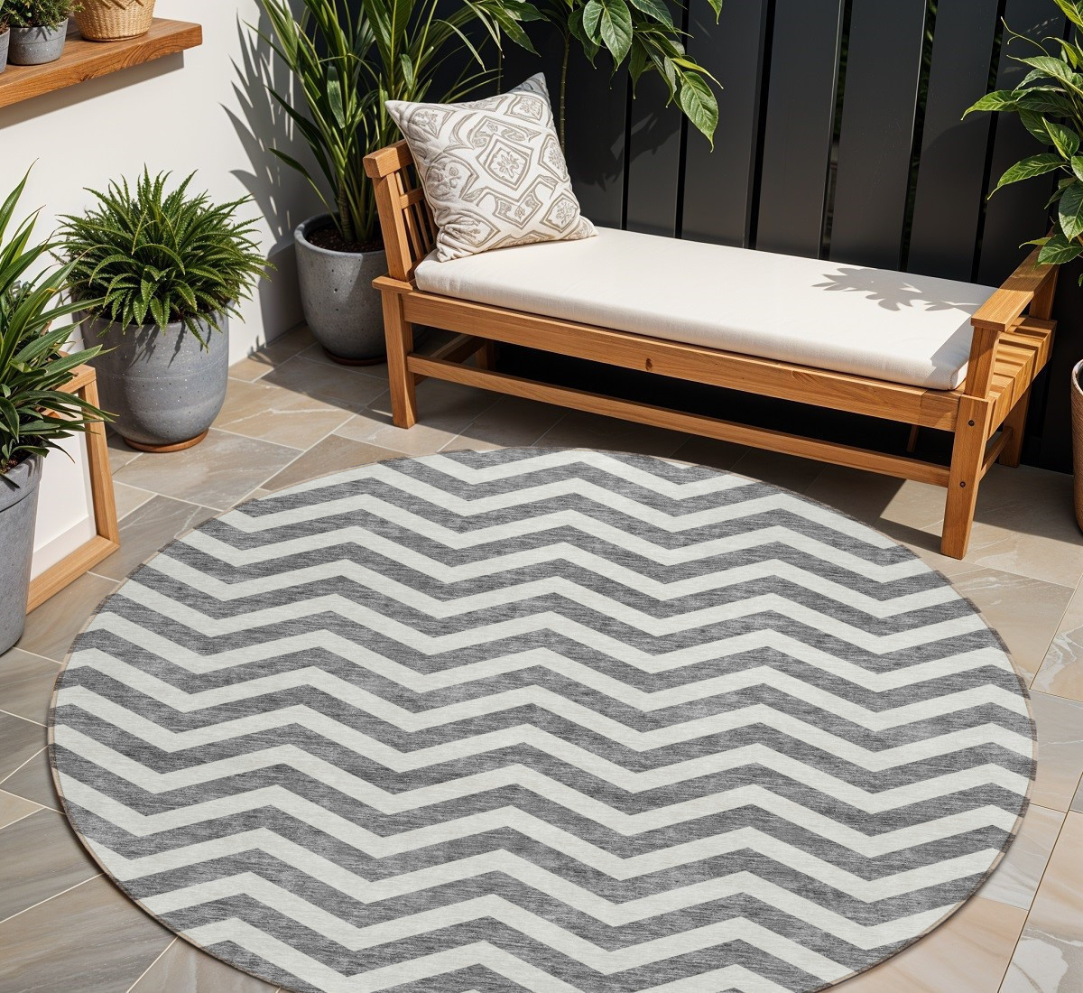 8' Gray And Ivory Round Chevron Washable Indoor Outdoor Area Rug-595315-1