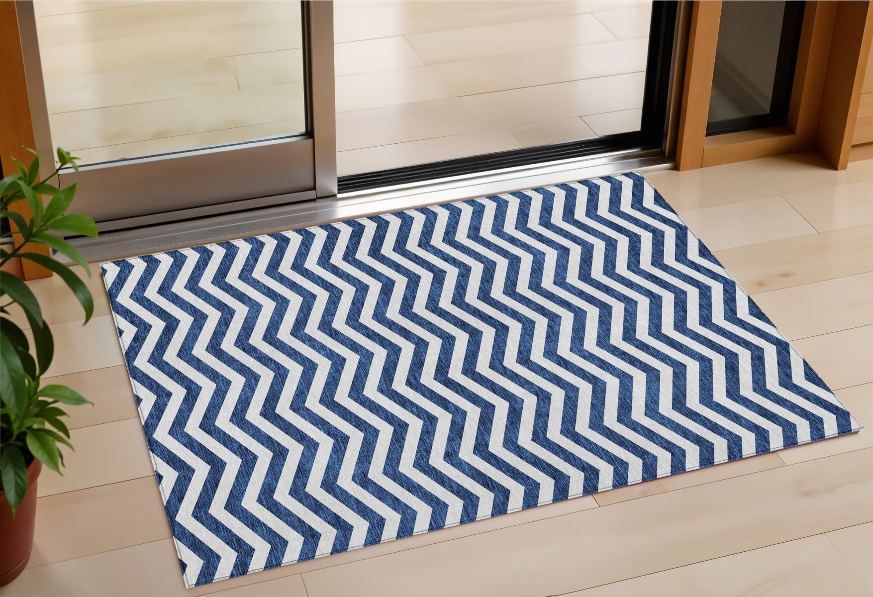 3' X 5' Navy Blue And Ivory Chevron Washable Indoor Outdoor Area Rug-595325-1