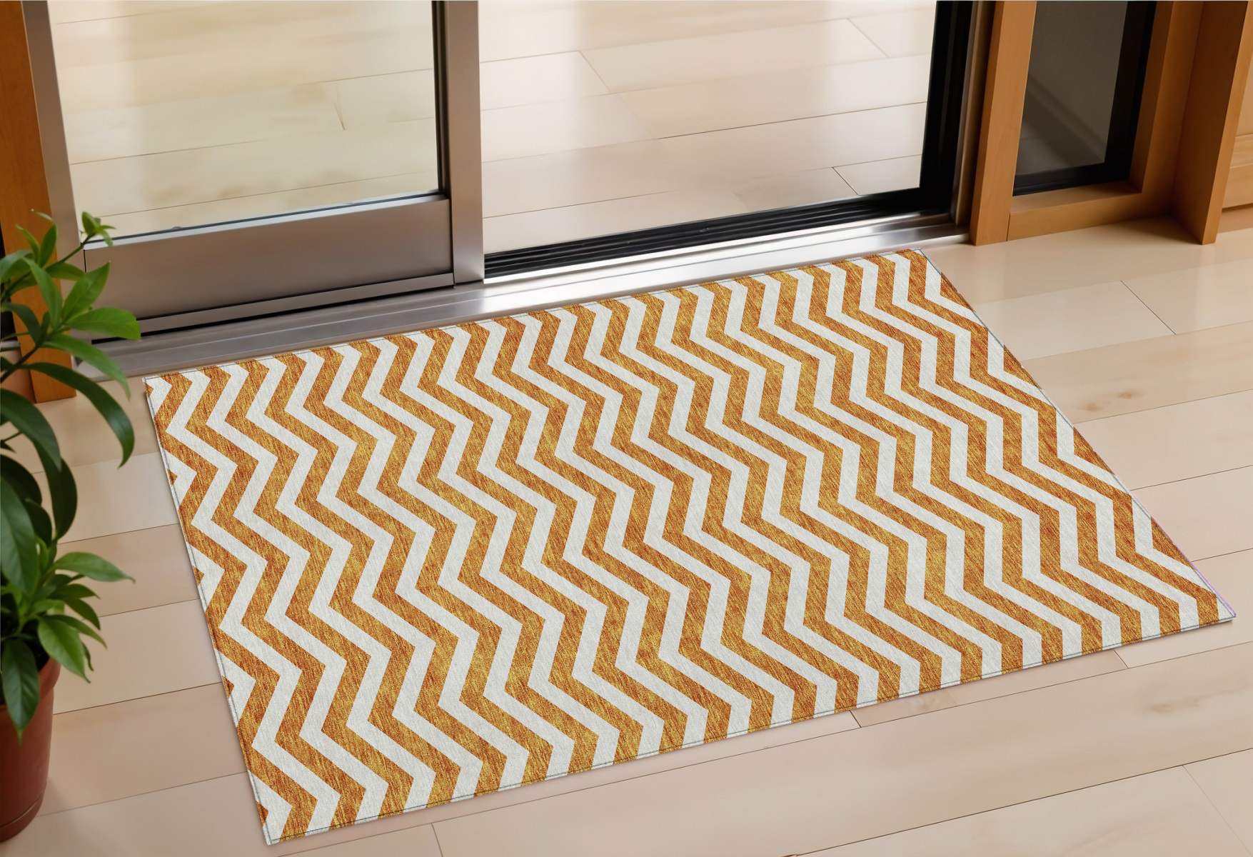 3' X 5' Orange And Beige Chevron Washable Indoor Outdoor Area Rug-595331-1
