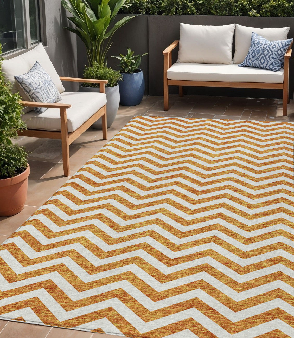 5' X 8' Orange And Beige Chevron Washable Indoor Outdoor Area Rug-595332-1