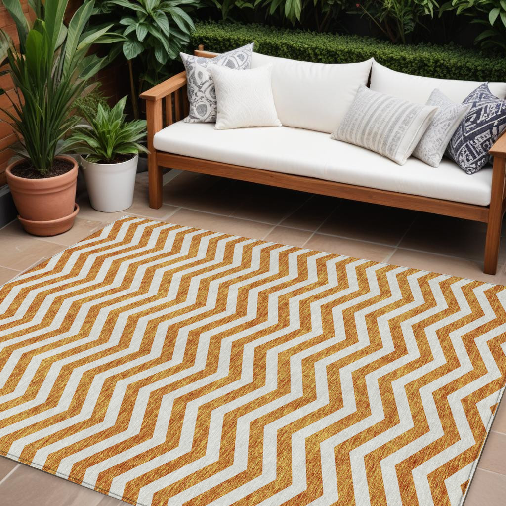9' X 12' Orange And Beige Chevron Washable Indoor Outdoor Area Rug-595335-1