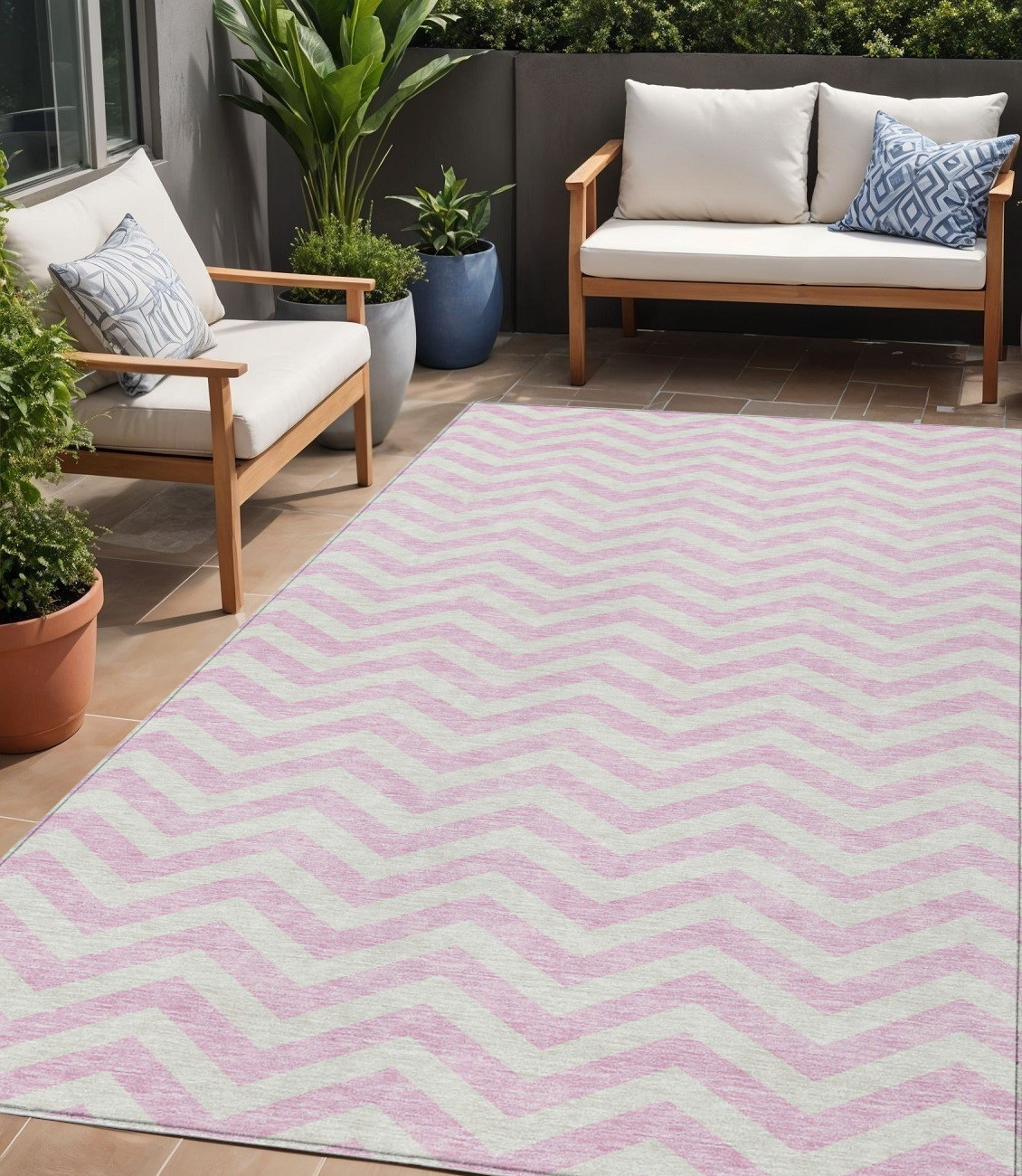 5' X 8' Pink And Gray Chevron Washable Indoor Outdoor Area Rug-595338-1