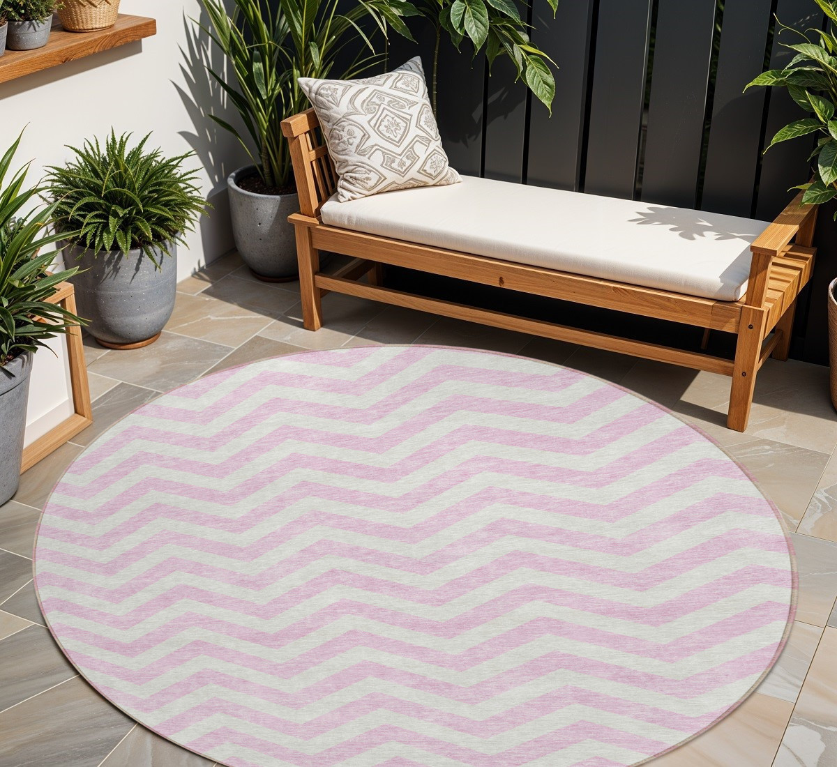 8' Pink And Gray Round Chevron Washable Indoor Outdoor Area Rug-595339-1