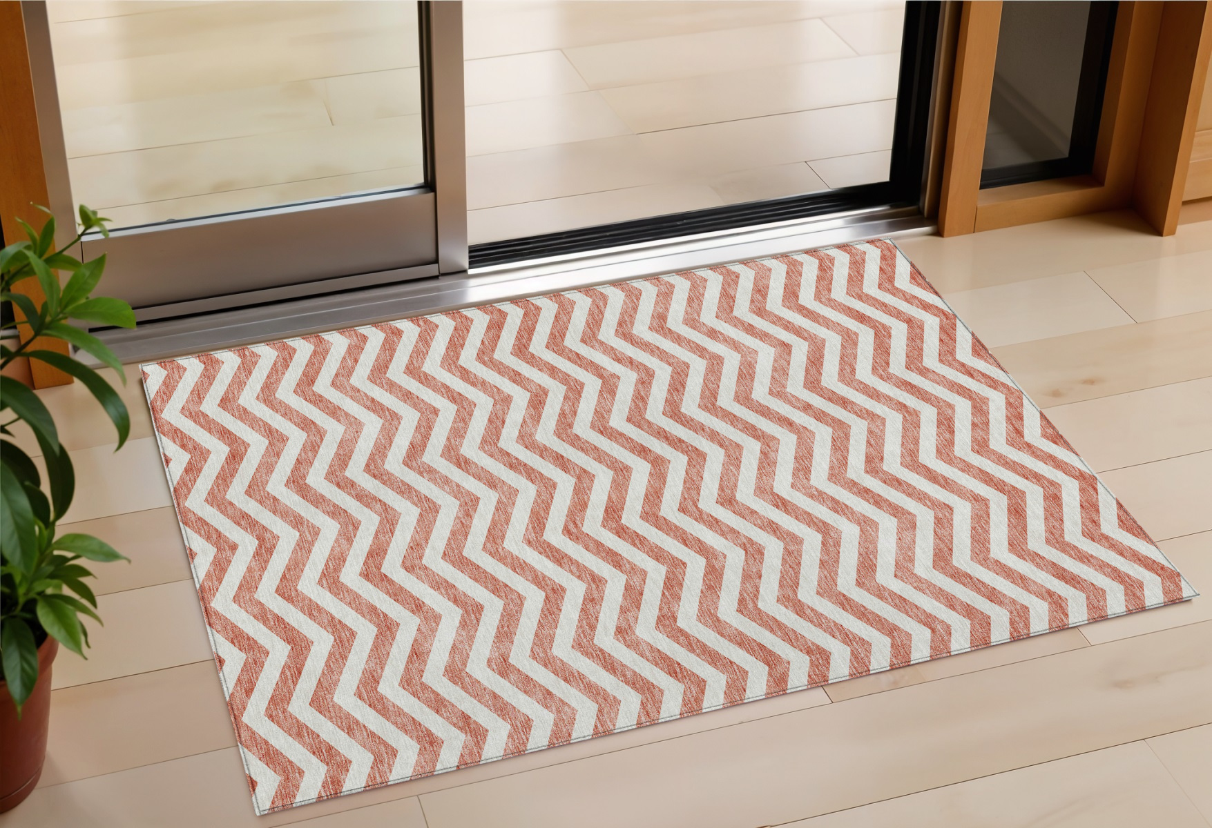 3' X 5' Salmon And Ivory Chevron Washable Indoor Outdoor Area Rug-595349-1