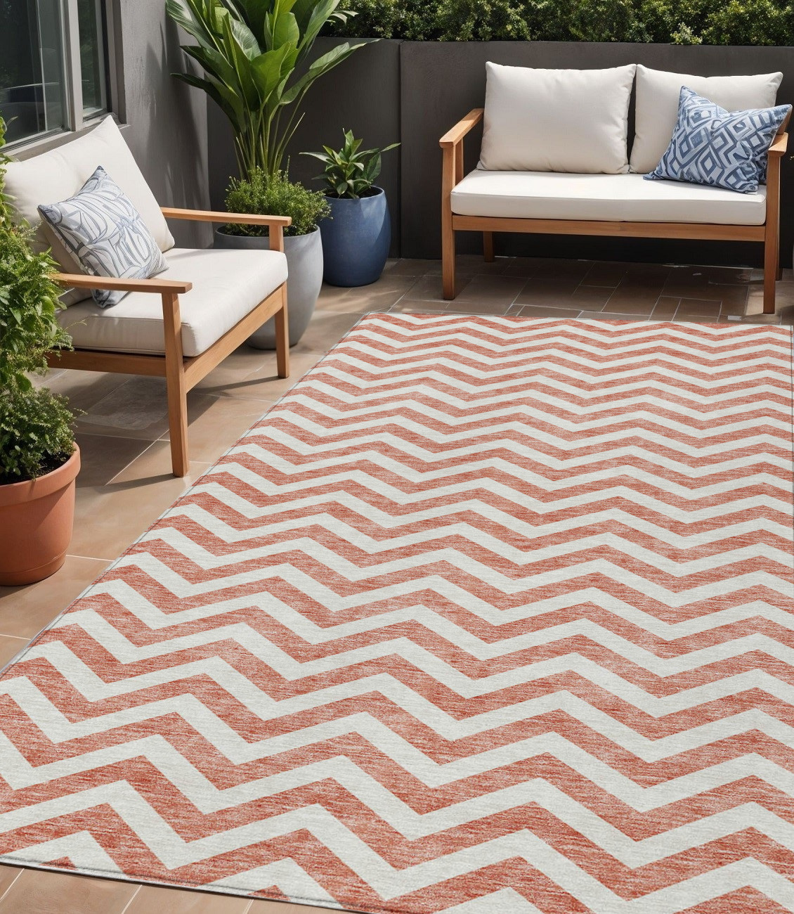 5' X 8' Salmon And Ivory Chevron Washable Indoor Outdoor Area Rug-595350-1