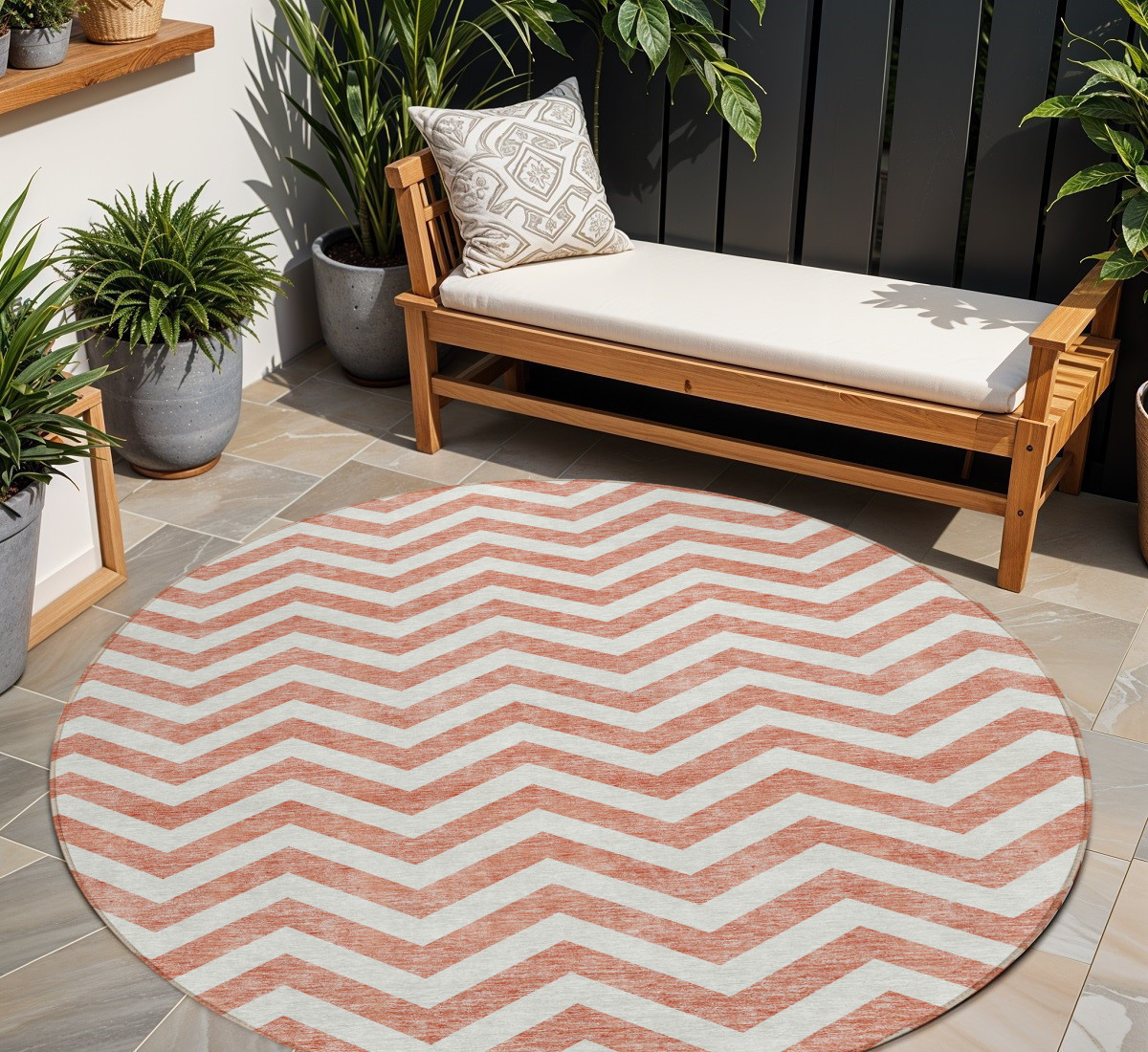 8' Salmon And Ivory Round Chevron Washable Indoor Outdoor Area Rug-595351-1