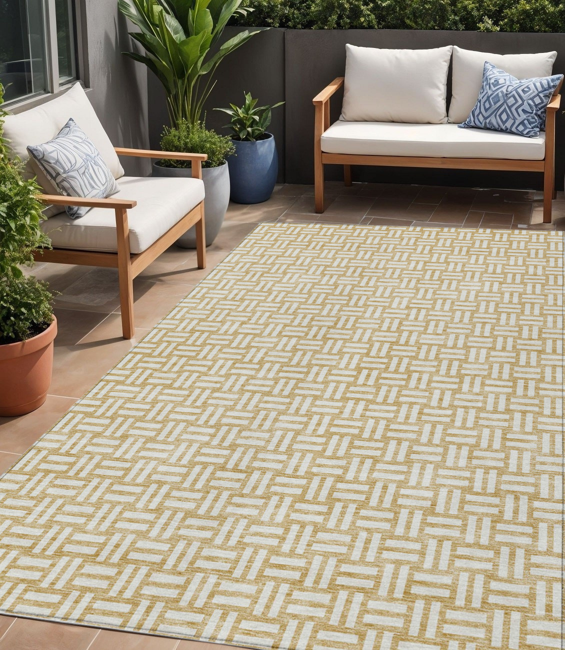 5' X 8' Gold And Beige Geometric Washable Indoor Outdoor Area Rug-595554-1