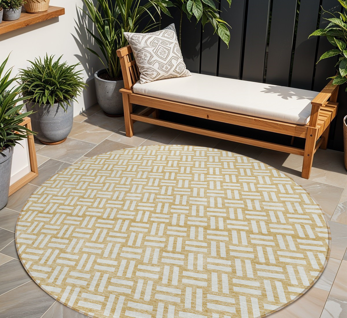 8' Gold And Beige Round Geometric Washable Indoor Outdoor Area Rug-595555-1