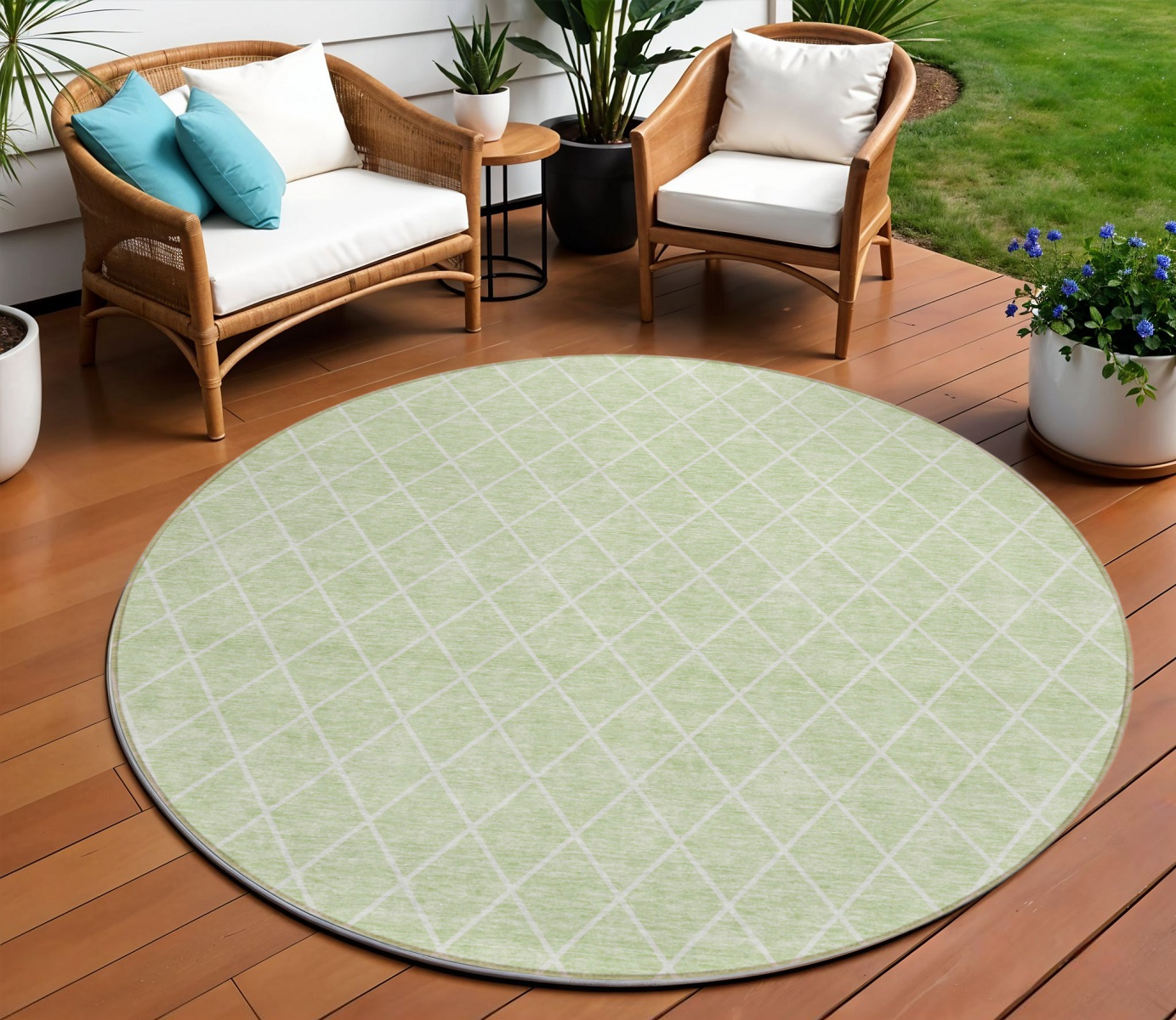 8' Mint Green And Ivory Round Geometric Washable Indoor Outdoor Area Rug-596125-1