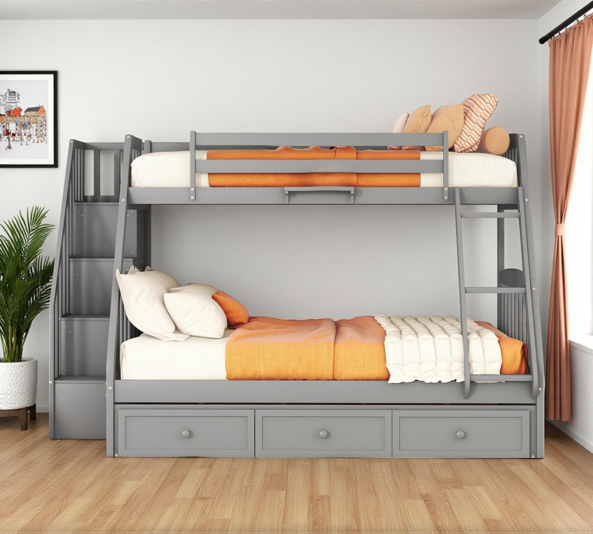 Gray Twin Over Full Wood Bunk Bed With Stairs And Drawers And Storage ...