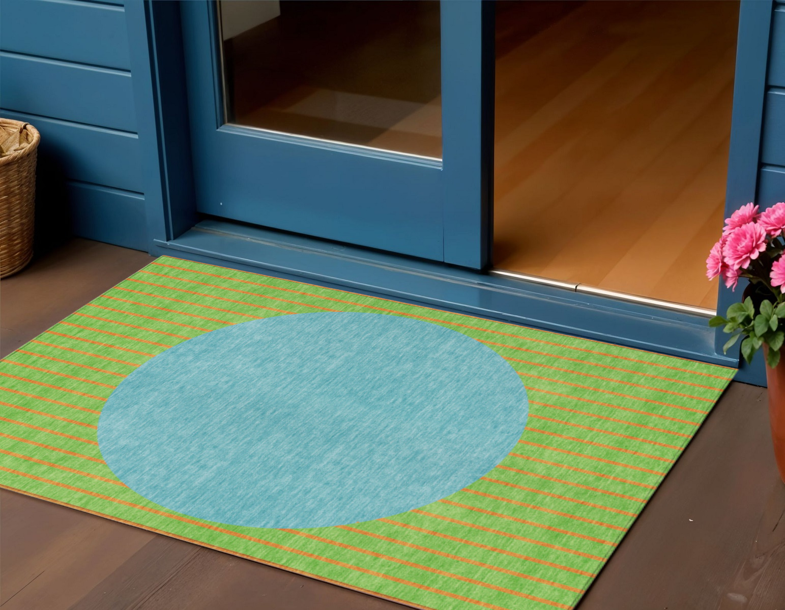 3' X 5' Lime Green And Blue Striped Washable Indoor Outdoor Area Rug-597175-1