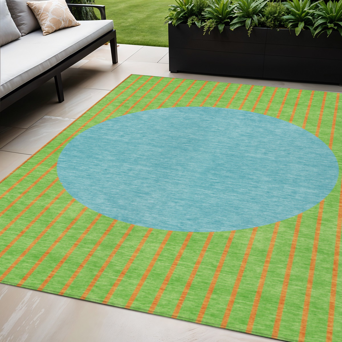 5' X 8' Lime Green And Blue Striped Washable Indoor Outdoor Area Rug-597176-1