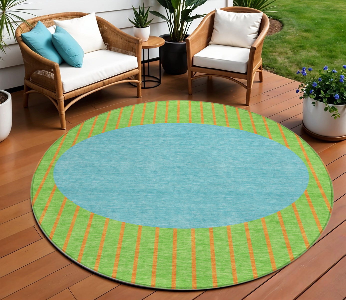 8' Lime Green And Blue Round Striped Washable Indoor Outdoor Area Rug-597177-1