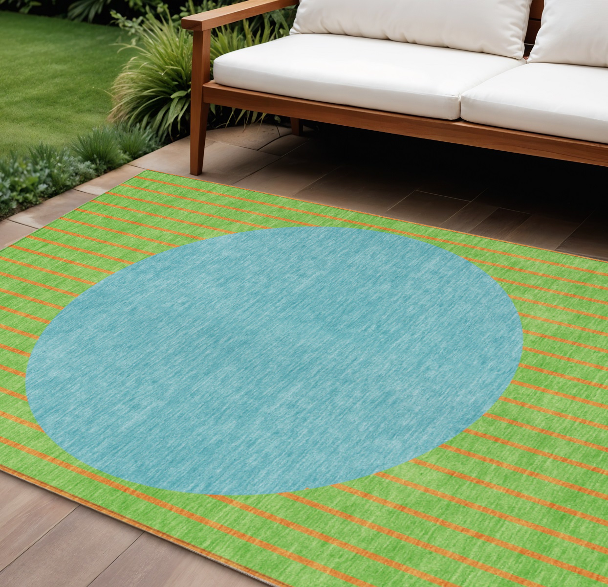 8' X 10' Lime Green And Blue Striped Washable Indoor Outdoor Area Rug-597178-1