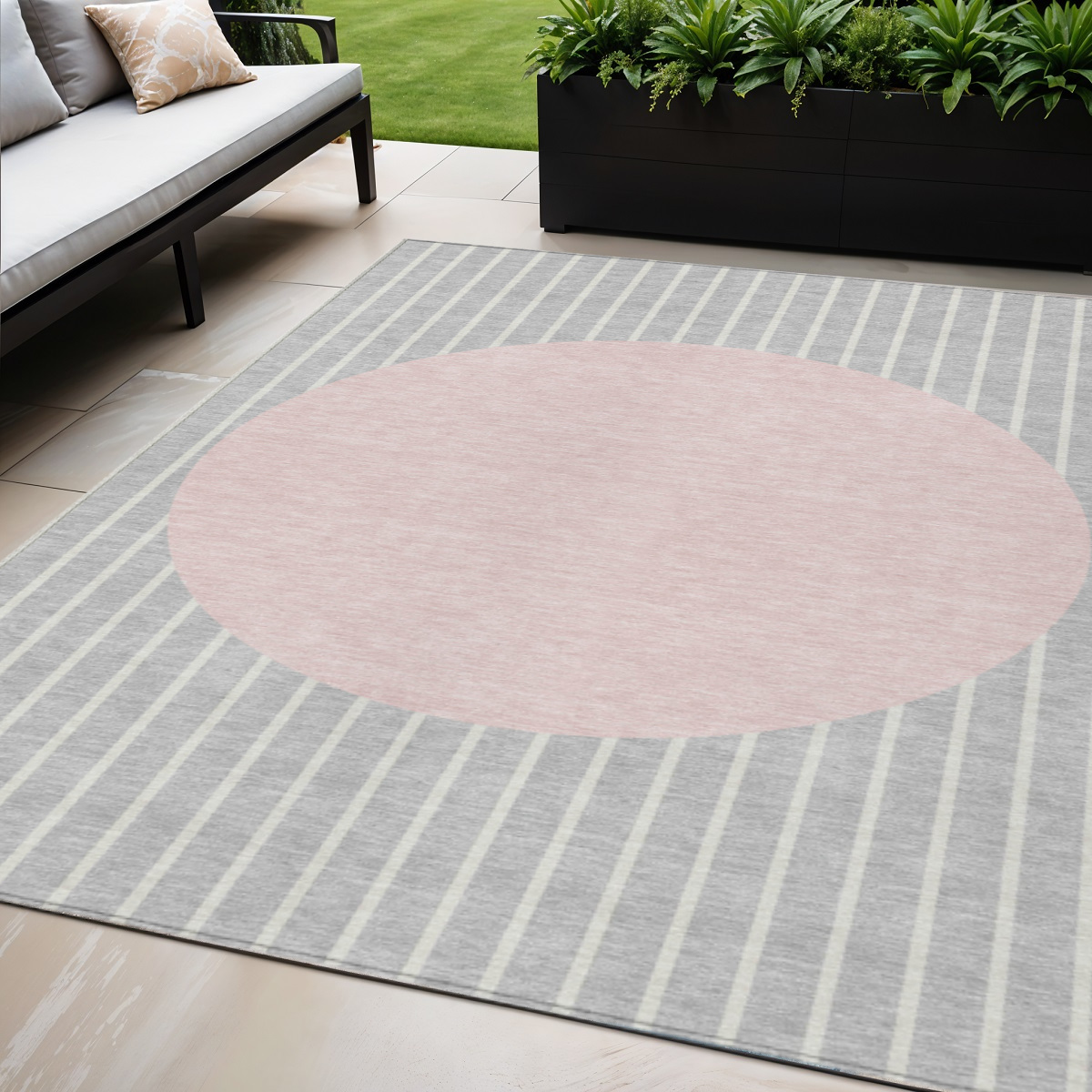 5' X 8' Silver And Pink Striped Washable Indoor Outdoor Area Rug-597194-1