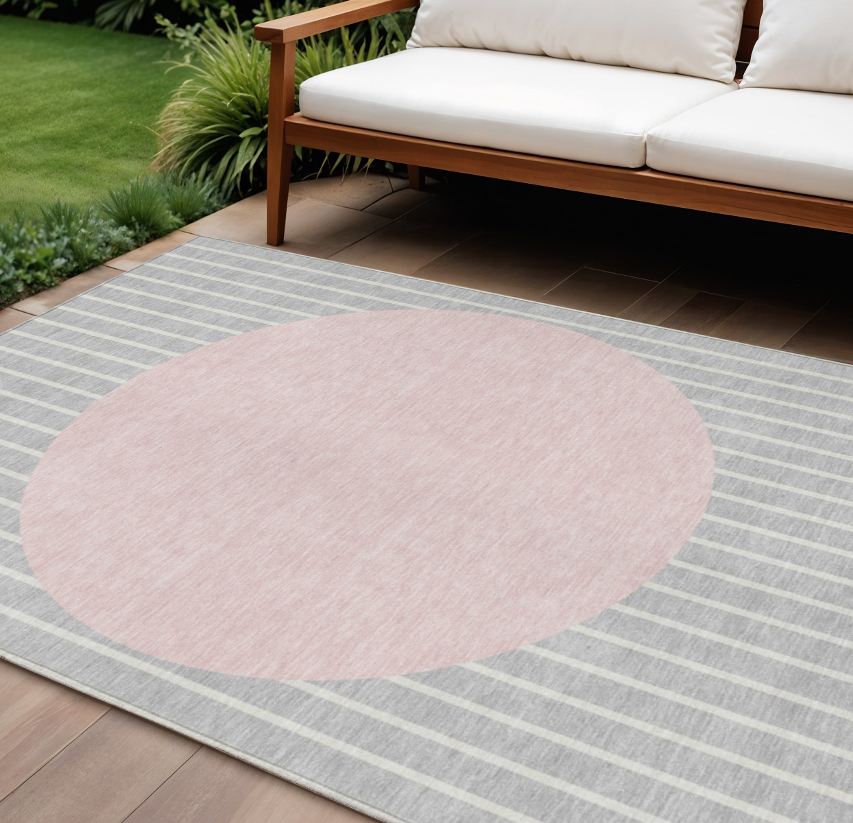 8' X 10' Silver And Pink Striped Washable Indoor Outdoor Area Rug-597196-1