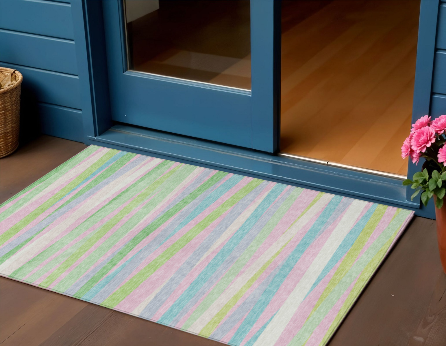 3' X 5' Mint Green Pink And Blue Striped Washable Indoor Outdoor Area Rug-597337-1