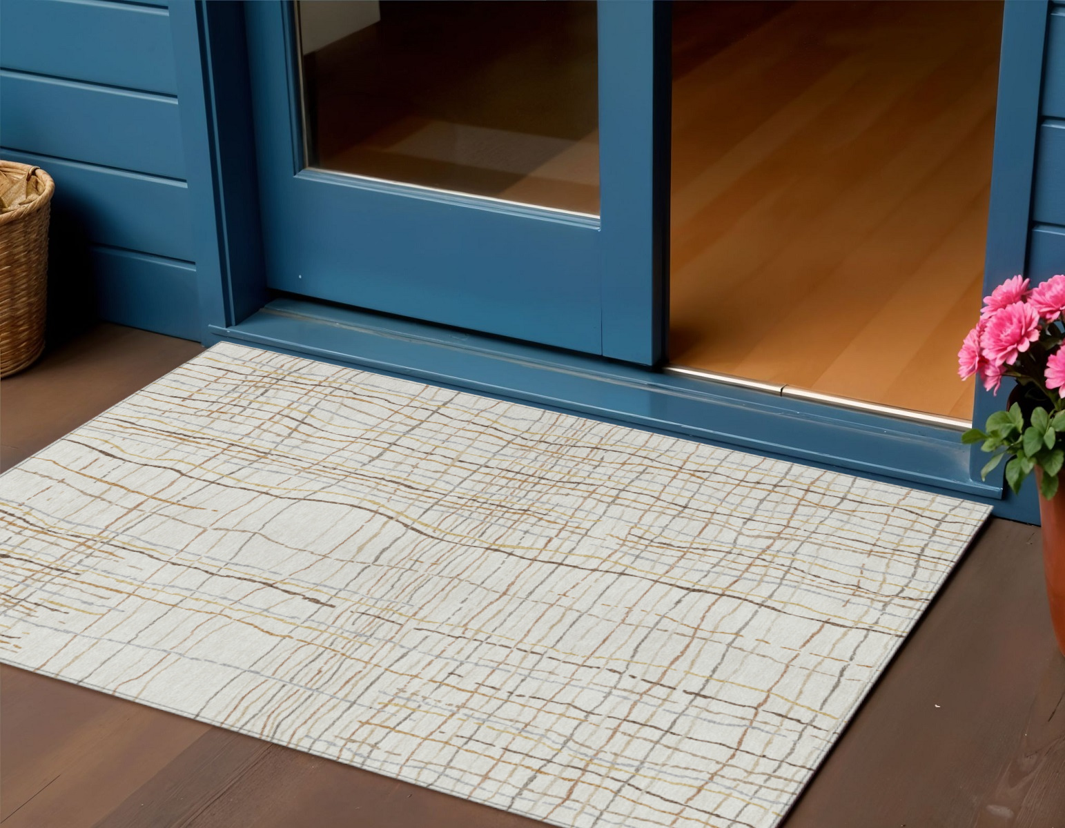 3' X 5' Ivory Brown And Gold Striped Washable Indoor Outdoor Area Rug-597397-1
