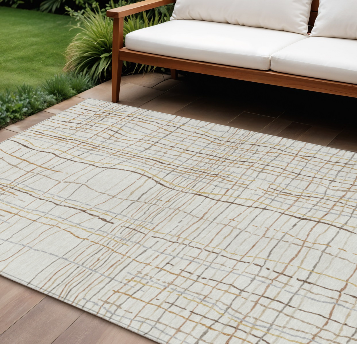 8' X 10' Ivory Brown And Gold Striped Washable Indoor Outdoor Area Rug-597400-1