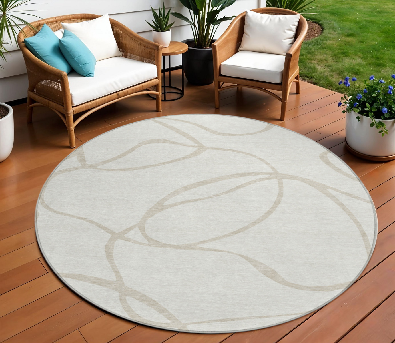 8' Ivory And Beige Round Abstract Washable Indoor Outdoor Area Rug-597489-1
