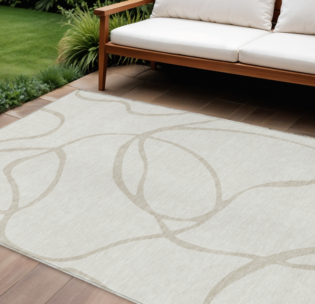 9' X 12' Ivory And Beige Abstract Washable Indoor Outdoor Area Rug-597491-1