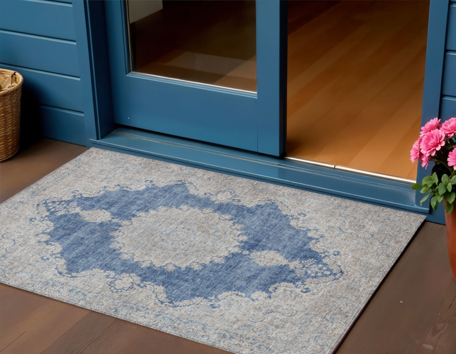 3' X 5' Navy Blue And Ivory Oriental Washable Indoor Outdoor Area Rug-597740-1