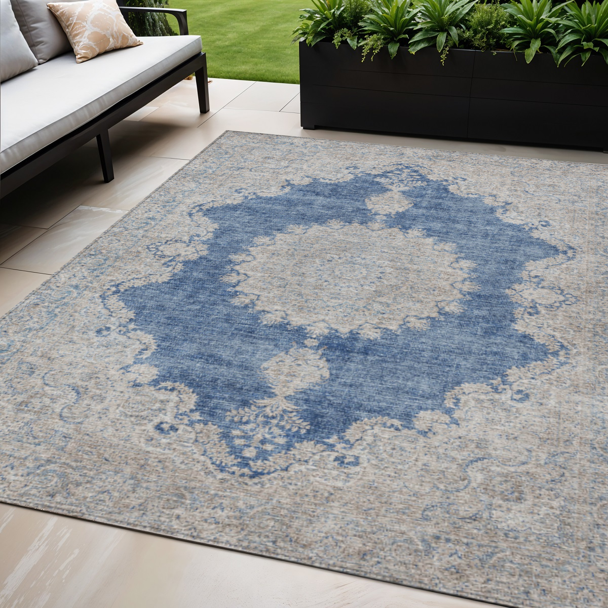 5' X 8' Navy Blue And Ivory Oriental Washable Indoor Outdoor Area Rug-597741-1