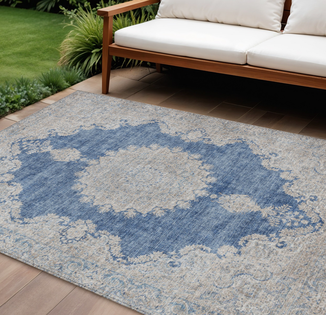 8' X 10' Navy Blue And Ivory Oriental Washable Indoor Outdoor Area Rug-597743-1