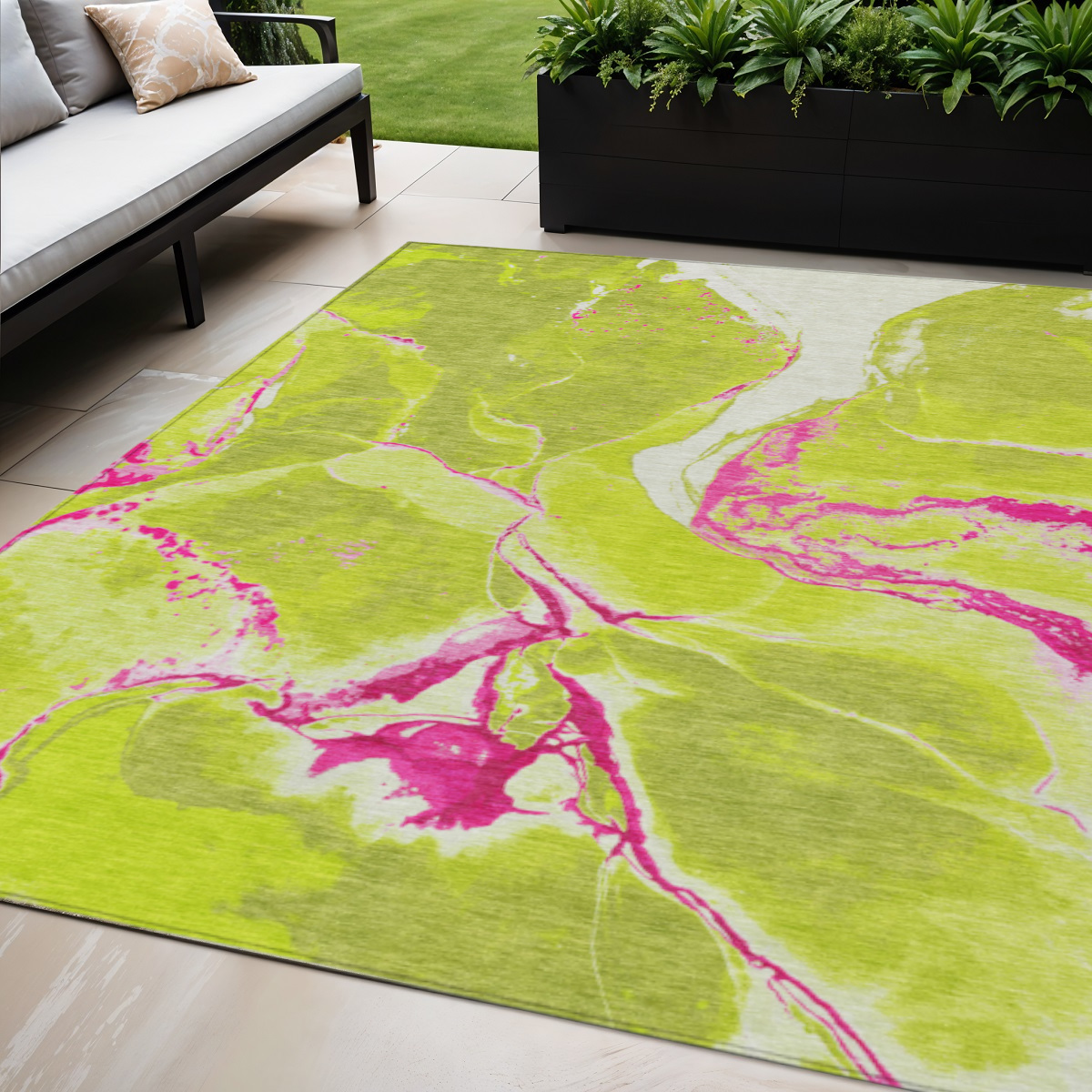 5' X 8' Lime Green Neon Pink And Ivory Abstract Washable Indoor Outdoor Area Rug-597783-1