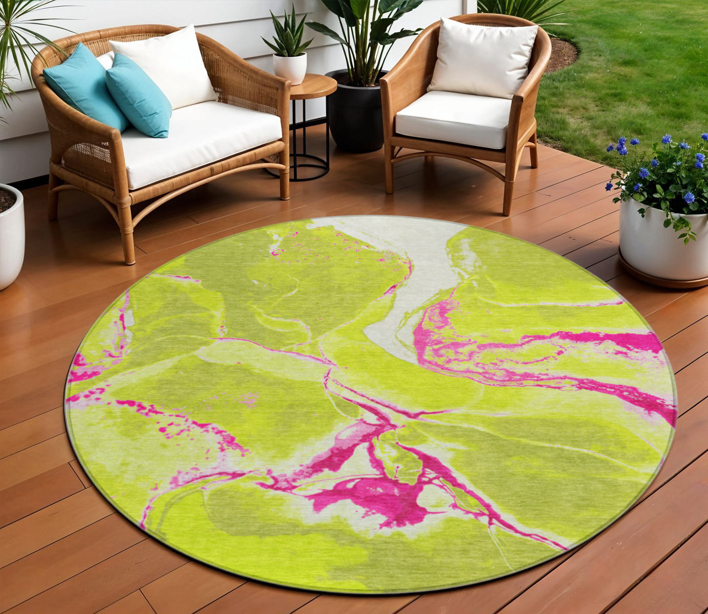 8' Lime Green Neon Pink And Ivory Round Abstract Washable Indoor Outdoor Area Rug-597784-1
