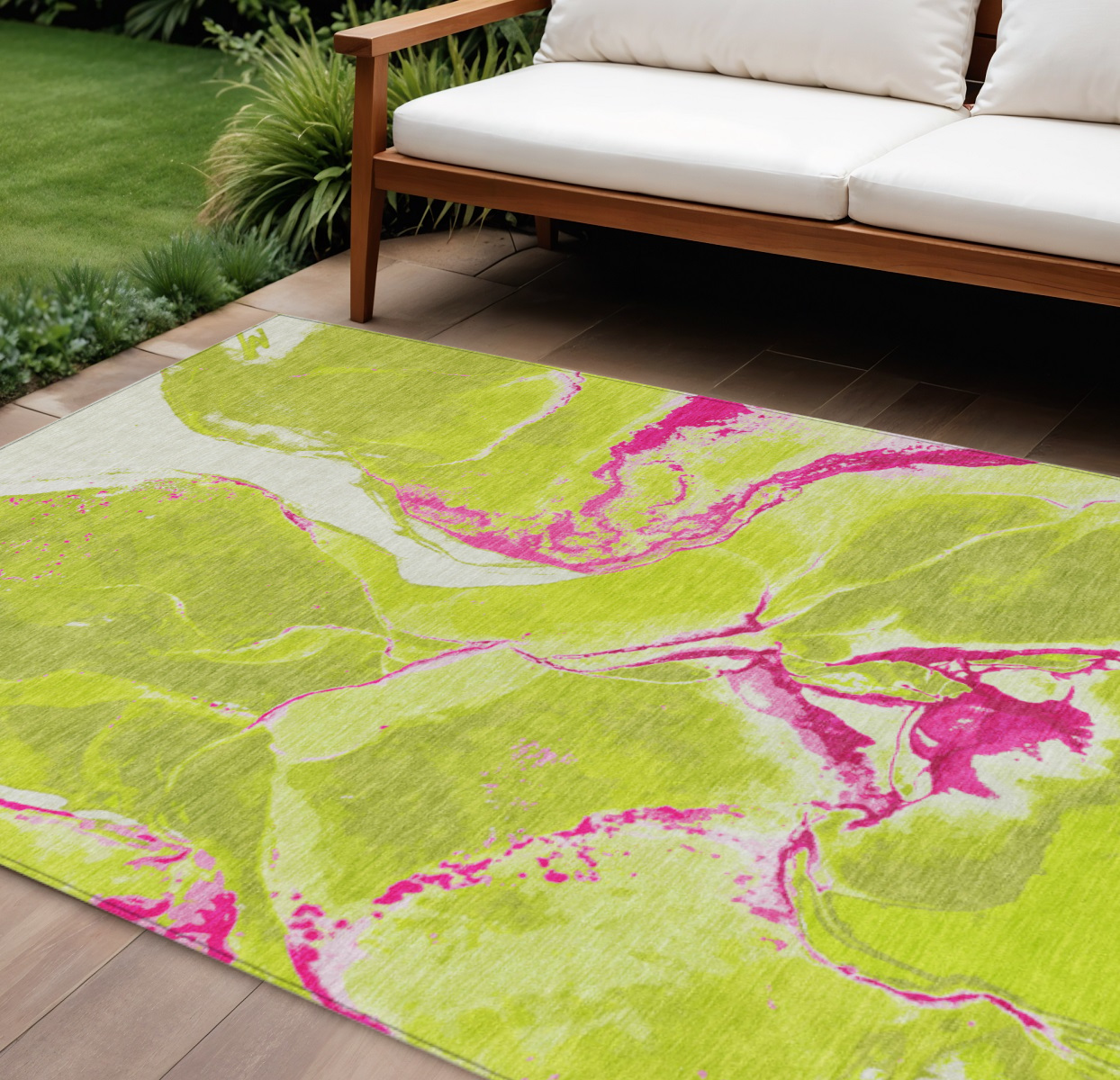 10' X 14' Lime Green Neon Pink And Ivory Abstract Washable Indoor Outdoor Area Rug-597787-1