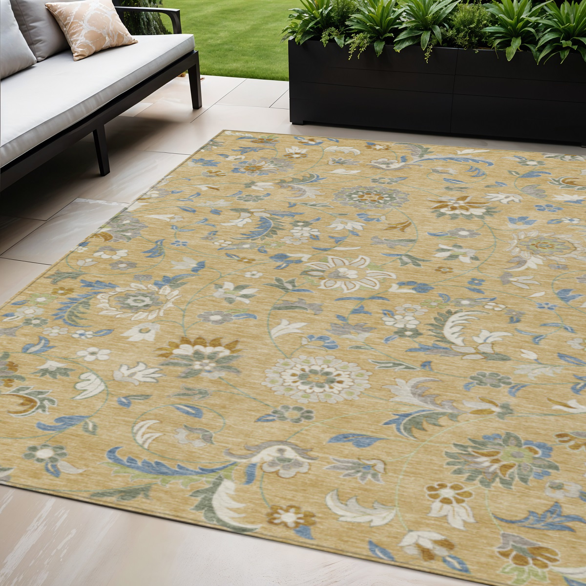 5' X 8' Wheat Blue And Ivory Floral Washable Indoor Outdoor Area Rug-597855-1